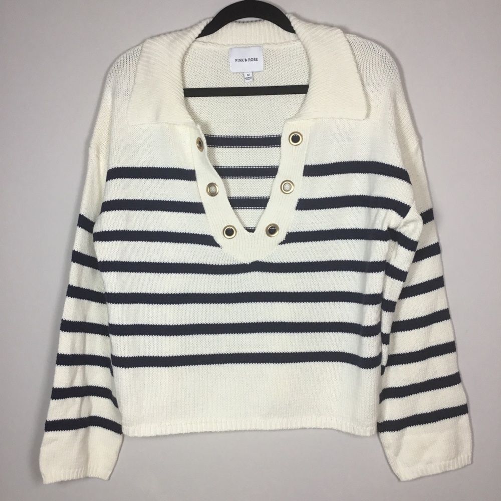 Coastal grandma knit sweater beach beach ocean nautical cream blue stripe sz M